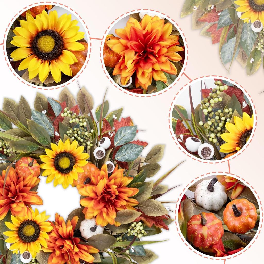 Wreath Front Door 24IN Autumn Maple Leaves Wreaths Fall Harvest Door Wreaths with Pumpkin Large Door Wreath for Thanksgiving Halloween Farmhouse