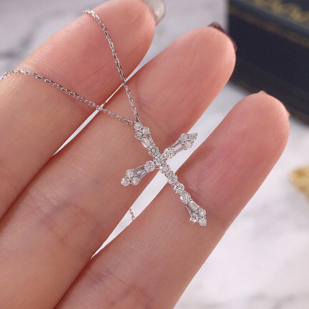 18K Gold Plated T Square Cross Pendant Necklace for Women with Simulated Moissanite Luxury Collar Chain