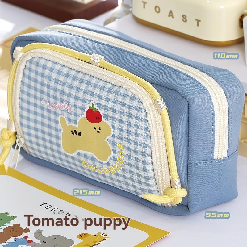 Cartoon Puppy Large Capacity Retro Lattice Window Pencil Bag For Men And Women Universal Cute High Value Dirty Resistant Statio