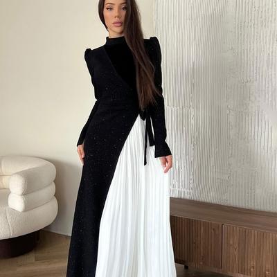 Elegant Patchwork Design Dress for Women Long Sleeve Splicing Pleated Fake Two-piece Dress Evening Dresses Female Party Club
