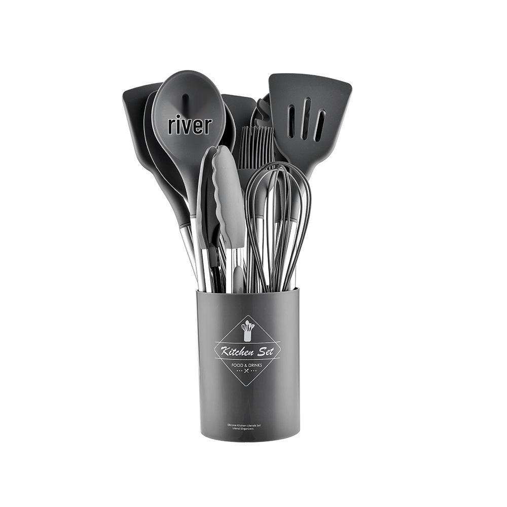 13-Piece Stainless Steel Handle Silicone Kitchen Tools Set - Non-stick Frying Pan, Spatula, Spoon, and More