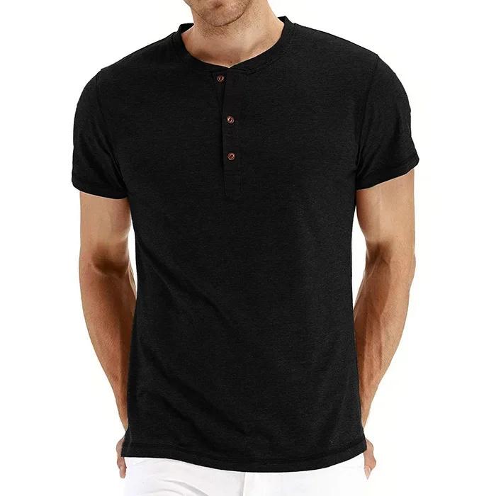 New Men T-shirt Henry Neck Fashion Design Slim Fit Solid T-shirts Male Tops Tees Short Sleeve T Shirt For Men