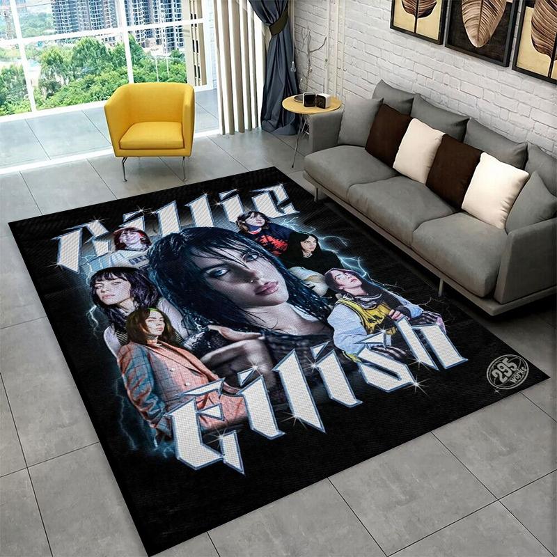 3D Billie Eilish Sänger Star Teppich für Spielzimmer Schlafzimmer Wohnzimmer Sofa Heimdekoration, Kinder Spielbereich Teppich Rutschfeste Bodenmatte