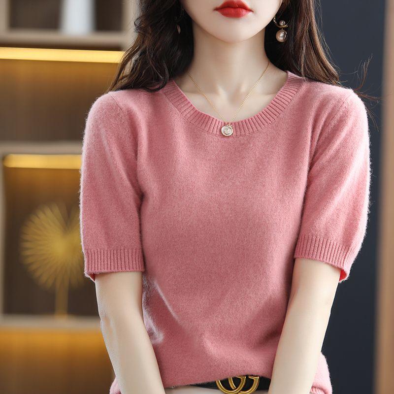 

Осень и Зима Новый кашемировый женский свитер с круглым вырезом и коротким рукавом, свободного кроя, тонкая базовая футболка, вязаный из чистой шерсти, с рукавом до локтя Skin powder L