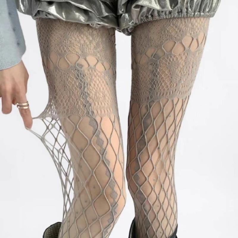 White Socks Women's Spring/Summer Sweet Lolita JK Tights Thin Mesh Cutout Fishnet Stockings Retro Style Lace Jacquard Pantyhose