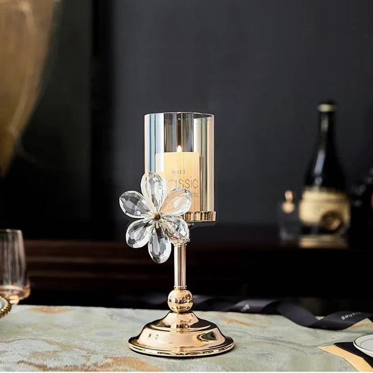 European Crystal Flower Metal Candle Holder, Vintage Romantic Candlelight Decor Stand