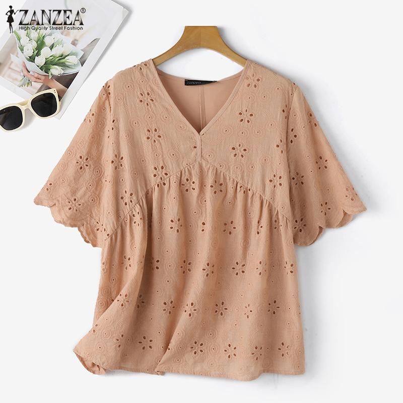 

ZANZEA Женская повседневная летняя свободная блузка с V-образным вырезом и коротким рукавом S белый