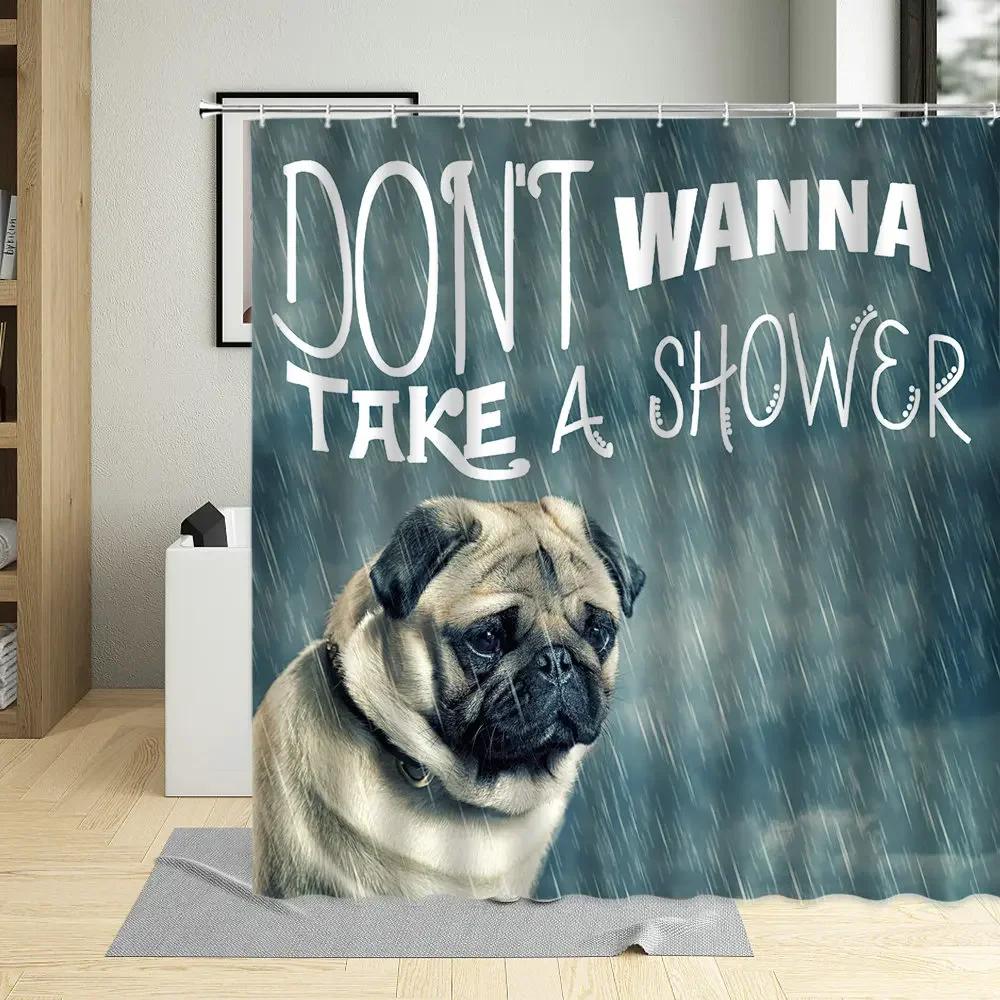 Cute Beige Dog Pug Puppy Pink Hearts Pattern Decor Bathroom Curtains Polyester Fabric Waterproof Kids Shower Curtain With Hooks