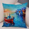 Federa Cuscino Stile Pittura ad Olio Paesaggio Colorato Barca Cavallo Stampa Floreale Lino Morbido Soggiorno Camera da Letto Casa Federa