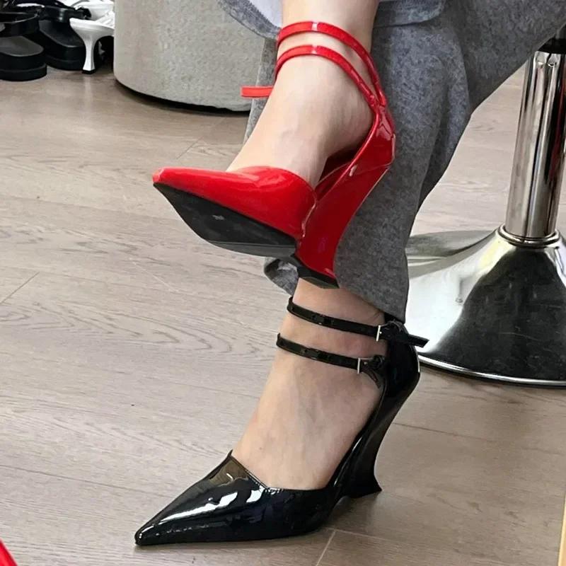 Fashion Elegant Red Patent Leather Wedges High Heels Women Sexy  Pointed Toe Pumps Fashion Double Buckle Strap Ladies Party Dress Shoes
