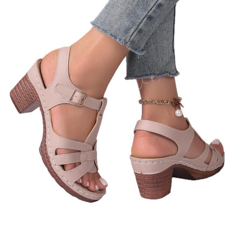 New Round Toe Shoes One-piece Buckle Large-sized Thick High-heeled Sandals