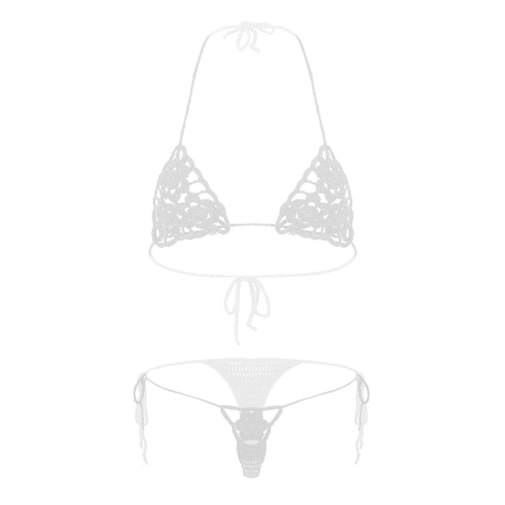 Damen Blumig Handgehäkelt Häkeln Dessous Bikini Set Ausgeschnitten Zweiteilig Badeanzug