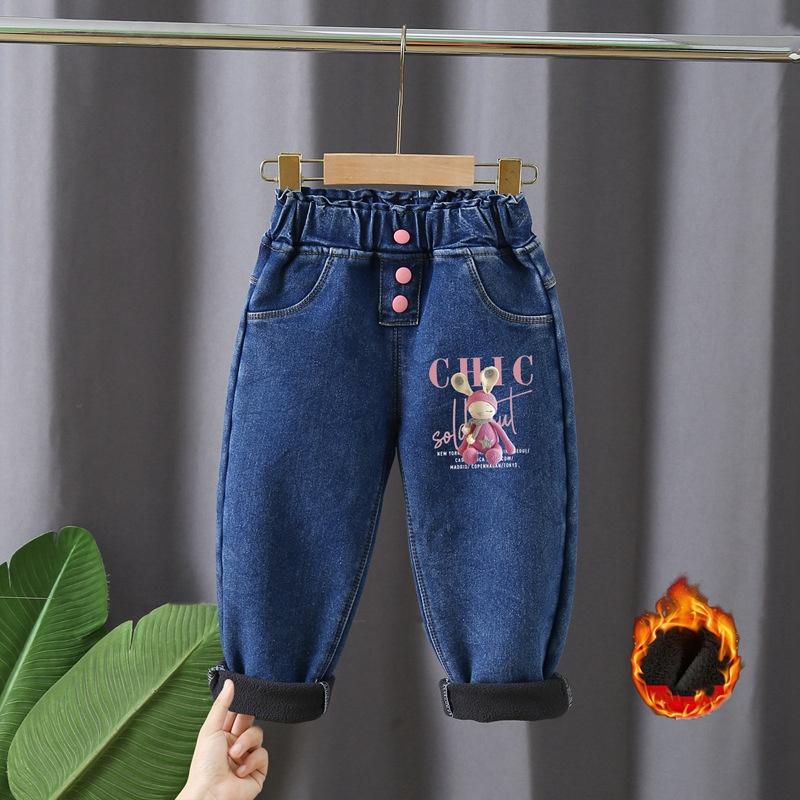 

Осенние и зимние флисовые джинсы для девочек, верхняя одежда, джинсы с завышенной талией в корейском стиле с длинными ушами, модные брюки для девочек в корейском стиле 130