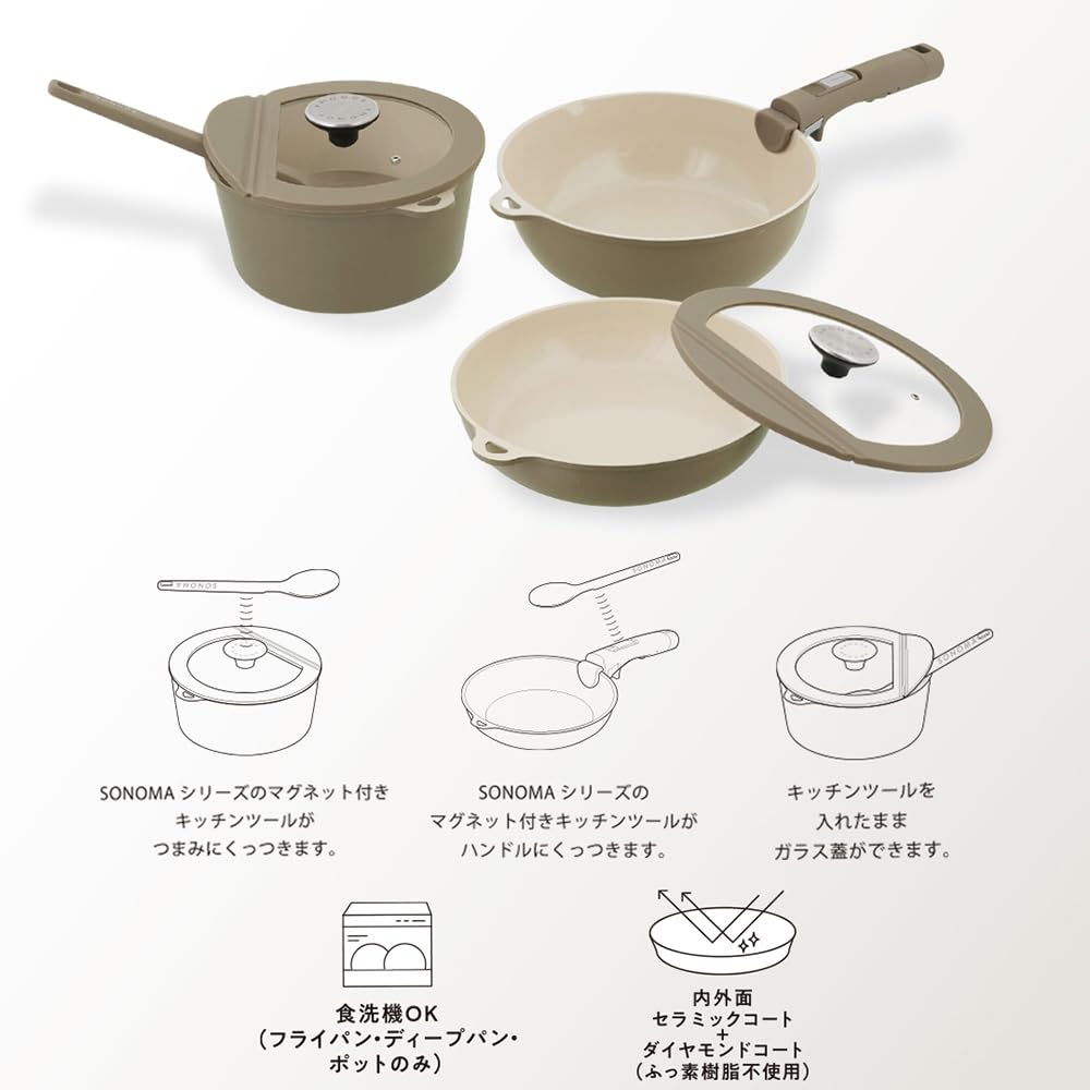 LIV PLUS Frying PanGrill Pan 24cm, IHGas Stove Compatible, Ceramic, Greige, LV-0364, SONOMA