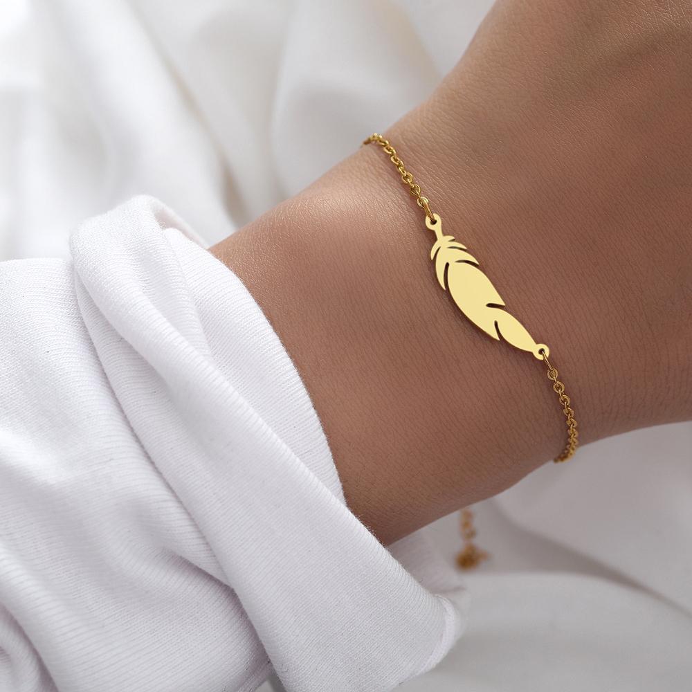 Stainless Steel Bracelets Classic Simple Feather Design Pendant Chains Fashion Charms Bracelet For Women Zircon Party Male Gift
