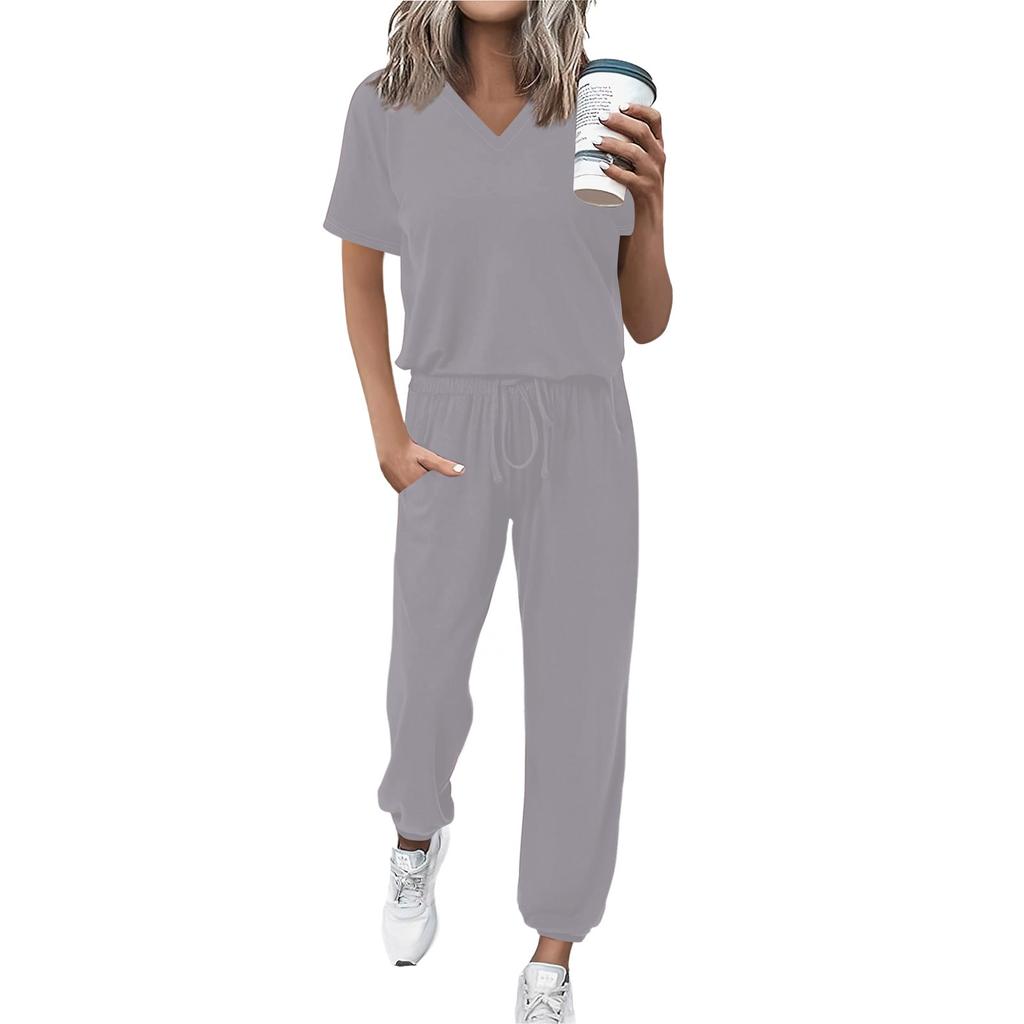 Women's Jogging Fashion V-Neck Color Short Sleeve Belt Loose Pants Tracksuit