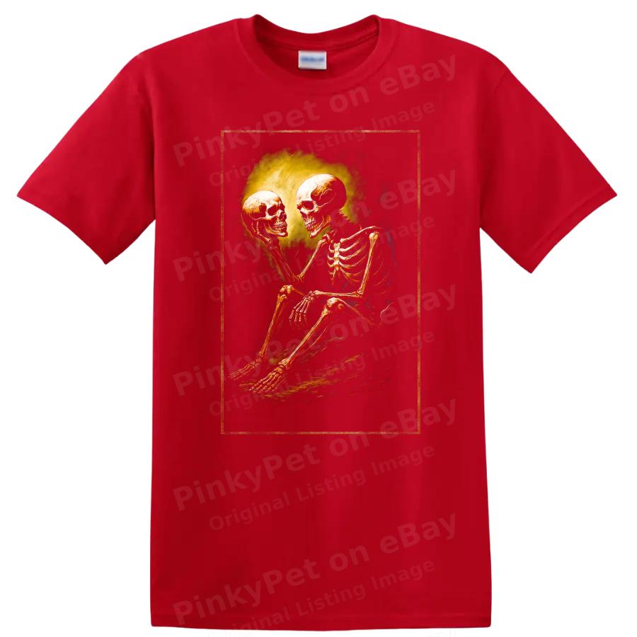 Skeleton Holding Skull T Shirt Halloween Graphic Tee Art Design Fun