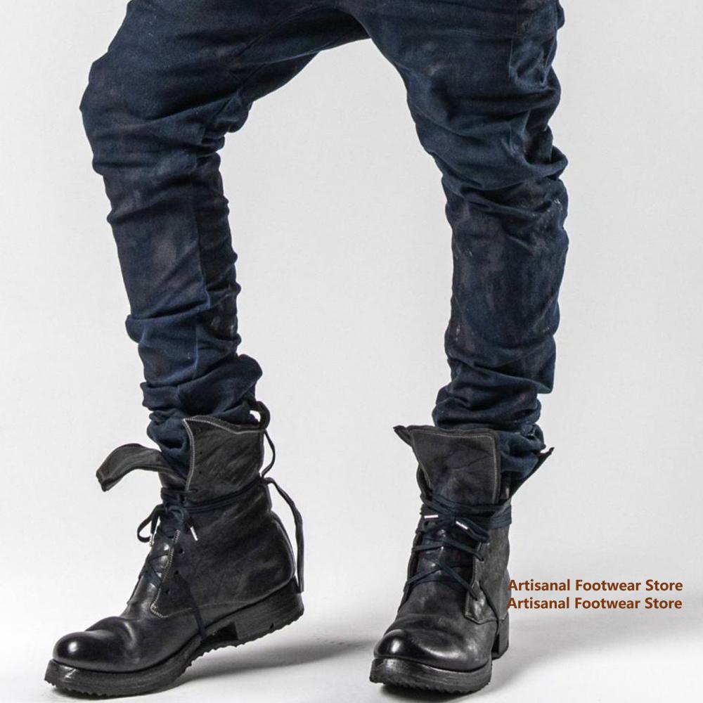 Μποτάκια Ανδρικά Ψηλά με Λουράκια Μαύρο Δέρμα Δέσιμο με Κορδόνια Μποτάκια Μοτοσικλέτας Χοντρά Τακούνια Αυξητικού Ύψους Ανδρικά Παπούτσια Μοντέρνα Μποτάκια