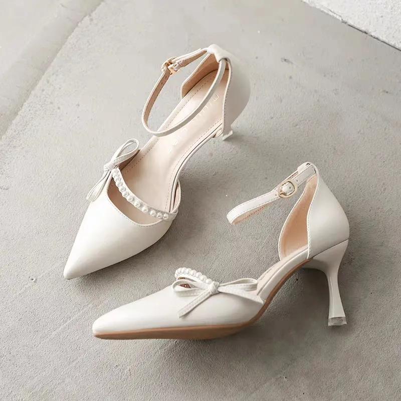  women spring & summer hollow out pearl white high quality buckle strap heel shoes office pumps sapatos femininas ab325