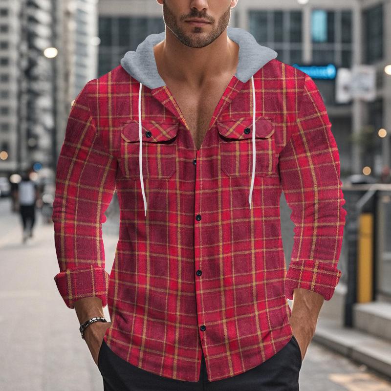 American Retro Plaid Shirt Men'S Autumn And Winter Hooded Flannel Jacquard Shirt Casual Jacket Men