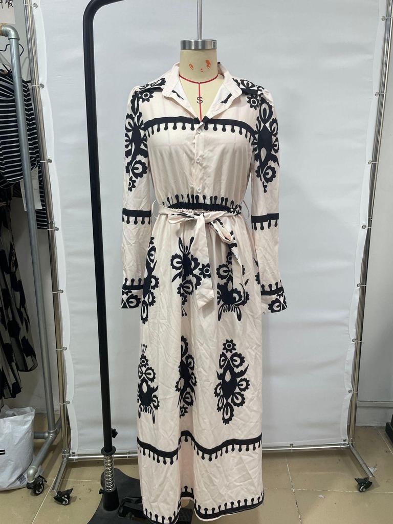 Elegant European and American Cross-Border Autumn/Winter 2024 Print Bandage Dress