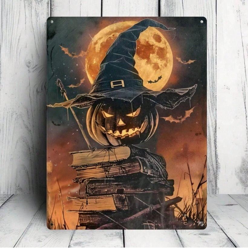 Retro Halloween Witch Hat Candles Metal Poster Wall Decor 30x20cm