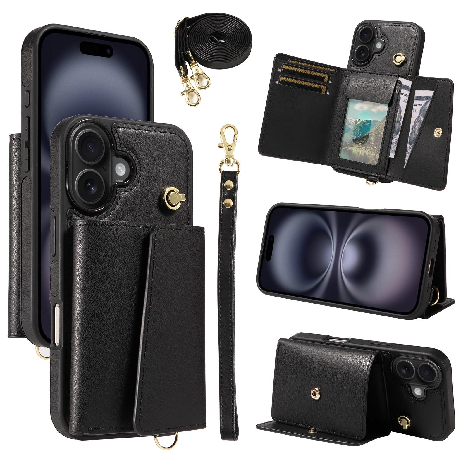 

Для iPhone 16 Plus Чехол-кроссбоди для телефона Держатель для карт Подставка Кожаное покрытие ТПУ Мобильная накладка Black