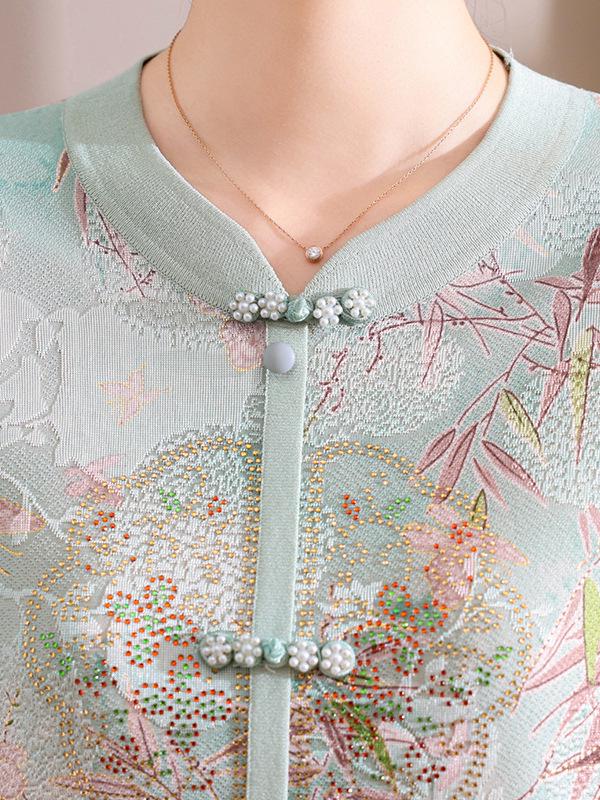 Elegant Long Sleeve Chinese Style T-Shirt for Middle-Aged and Elderly Women - Spring Patterned Elastic Top