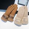 Women's Faux Suede Gloves with Faux Fur Cuff Winter Warm Fleece Lined Touch Screen Gloves for Outdoor Skiing Cycling