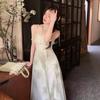 Women's Korean Summer Spaghetti Strap Maxi Dress Ruffle Neck Floral Print Sleeveless A Line Elegant Fairy Long Dress