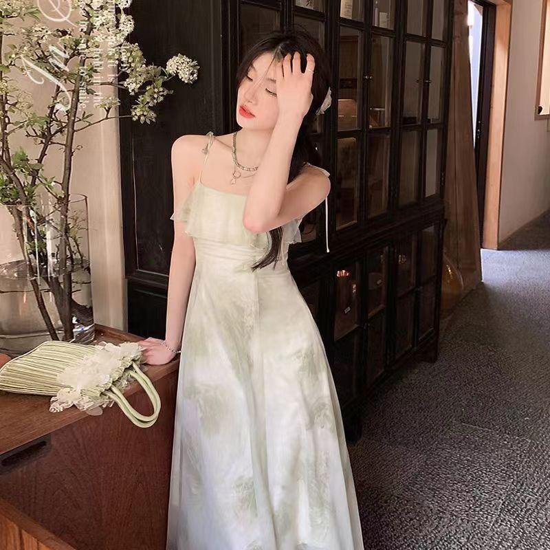 Women's Korean Summer Spaghetti Strap Maxi Dress Ruffle Neck Floral Print Sleeveless A Line Elegant Fairy Long Dress
