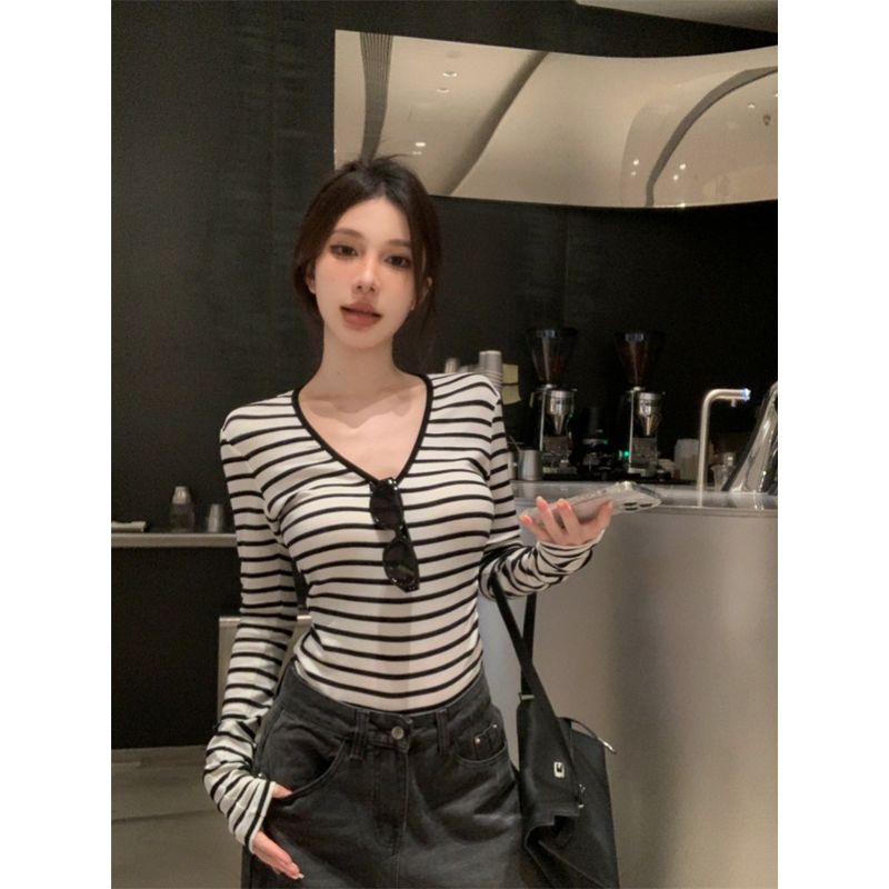 Kumikumi Pure Desire Style Contrast Color Stripe Sexy Temperament Long sleeves Shirt Women Autumn Slim fit Slimming Versatile Top