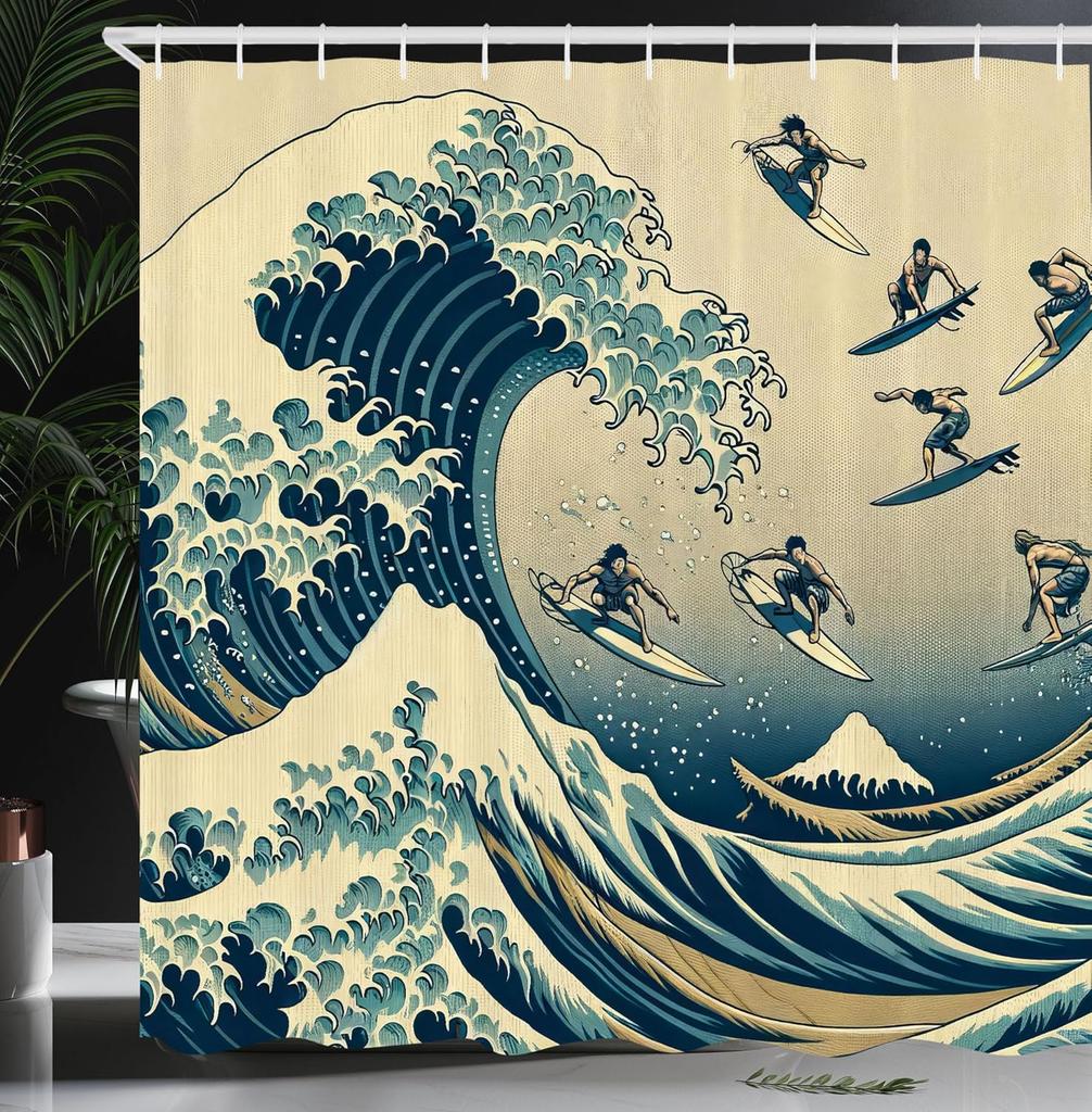 Japanese Wave Shower Curtain, Surfers On Classic Asian Artwork Style With Recreation, Cloth Fabric Bathroom Decor Set With Hooks