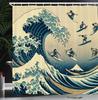 Japanese Wave Shower Curtain, Surfers On Classic Asian Artwork Style With Recreation, Cloth Fabric Bathroom Decor Set With Hooks