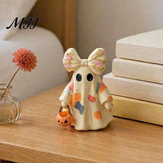 Portable Festive Table Centerpieces Halloween Bow Ghost Figurine Tabletop Ornament, Cute Resin Statue with Desktop Soft Decoration Items Pumpkin