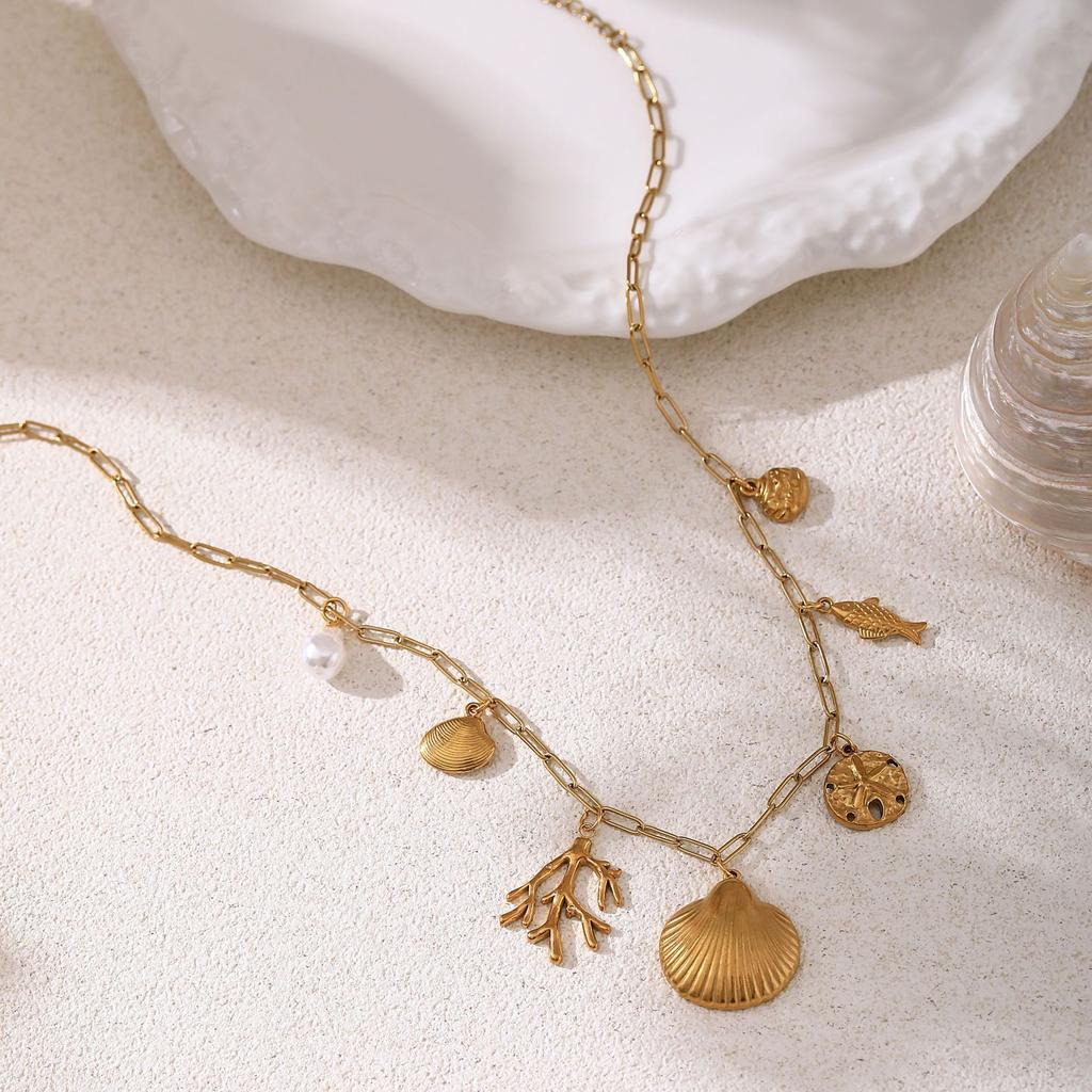 Stainless Steel Exaggerated Beach Shell Pearl Coral Fish Necklace Furnace Vacuum Plating 18K Gold Color Retention