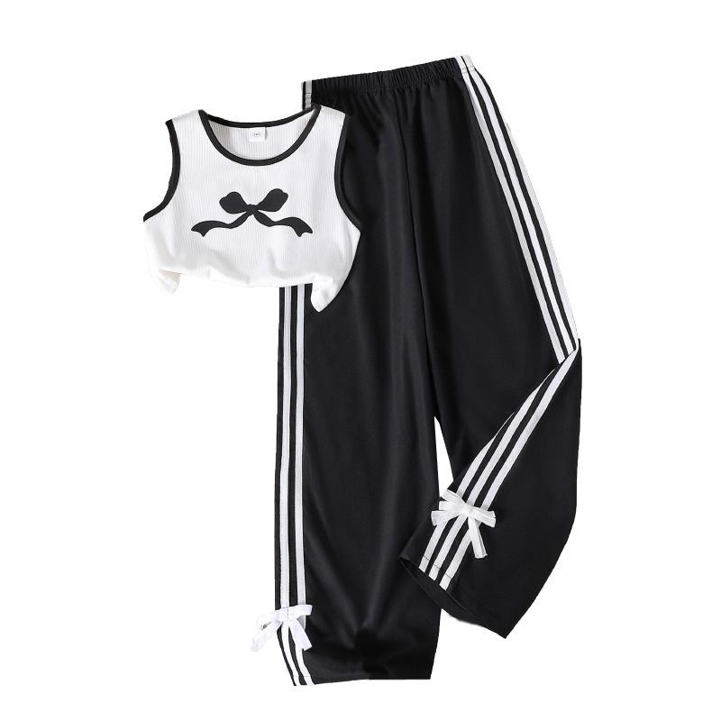 Dívčí stylový ležérní oblek 2025 léto Dětský ležérní pruhovaný kalhotový kostým s vestou s mašlí
