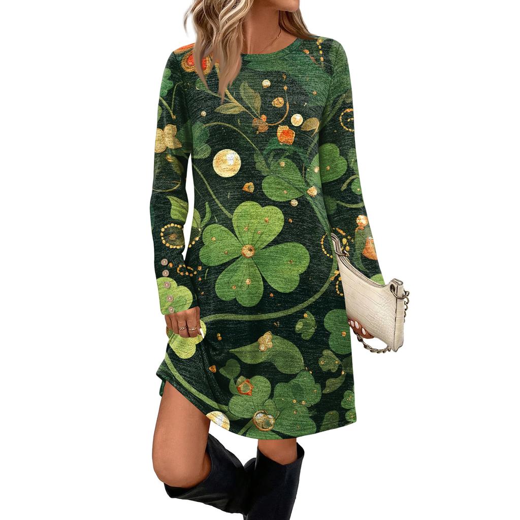 Women's Fashionable Round Neck Long Sleeved St. Patrick's Day Printed Pocket Button Casual Dress