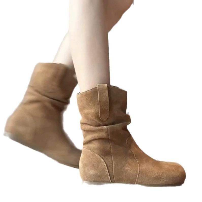 Retro Flat Bottomed Short Boots Women's Western Boots Autumn and Winter Round Toe Stacking Boots Slimming Short Boots