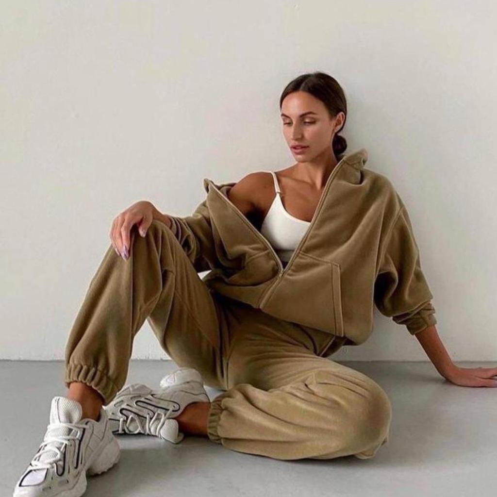 Sudadera con capucha y cuello en V de manga larga de color liso para mujer, traje de otoño e invierno, top holgado, pantalones de pierna ancha