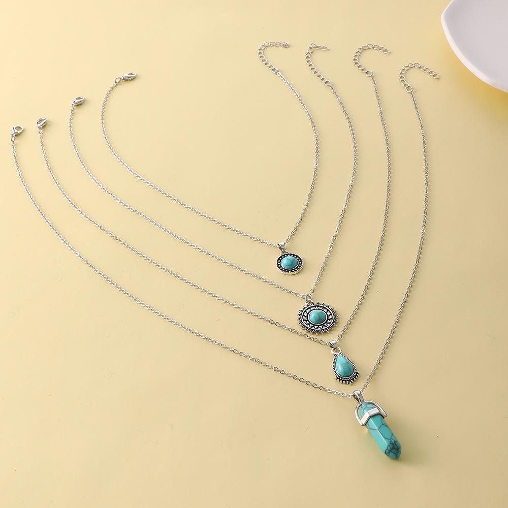 New Necklace Retro Bohemian Turquoise 4-layer Necklace Pendant Set