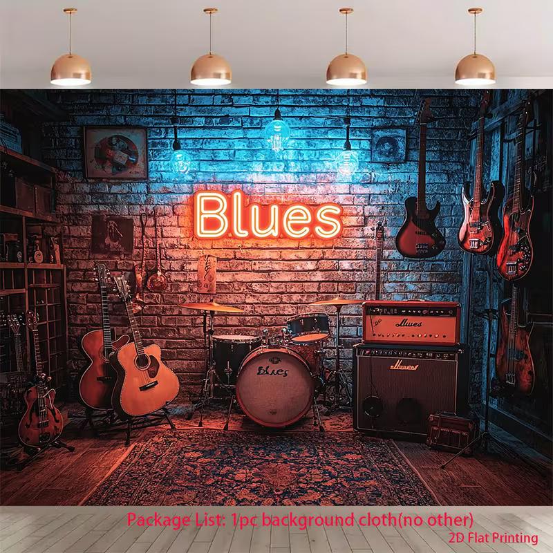 2D Retro Rock Band Instrument Bar Pub Blue Red Lighting Photography Background Cloth