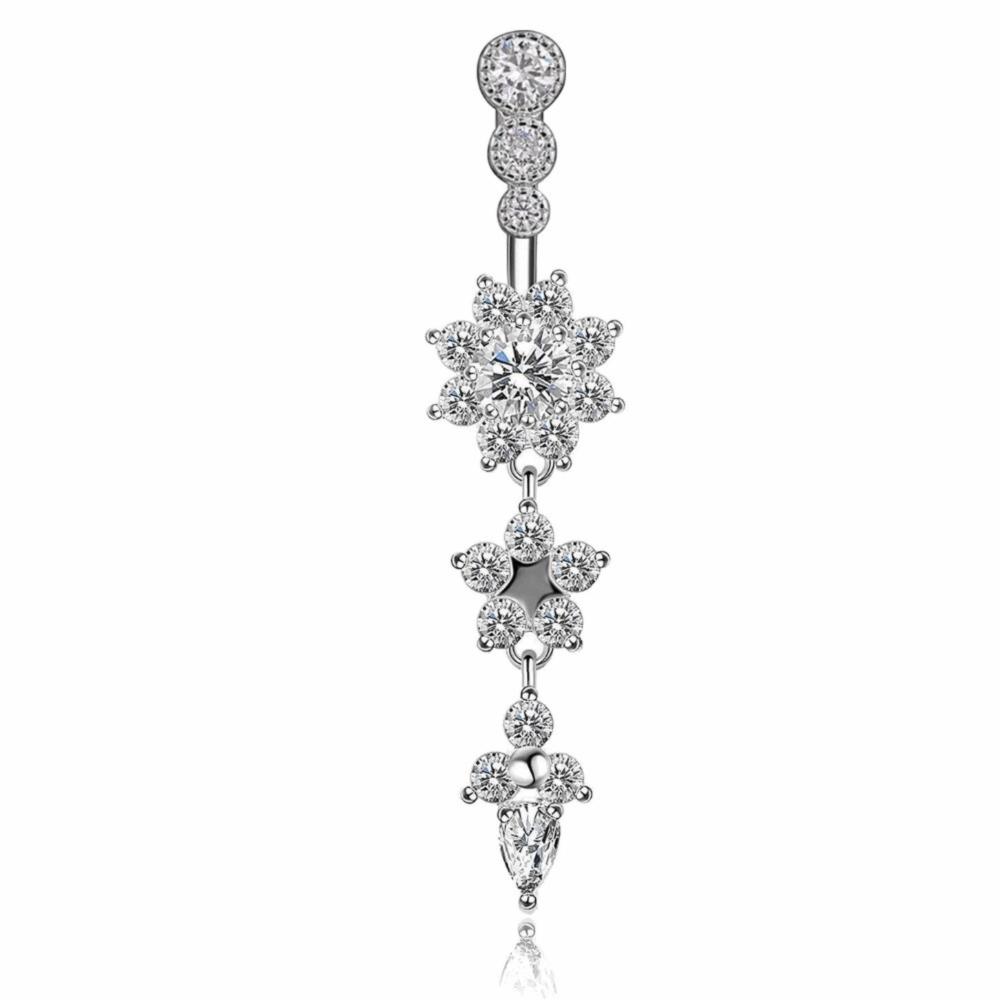 Long Dangled Zircon Belly Button Ring Pink Body Jewelry Stainless Steel Navel Piercing  Women