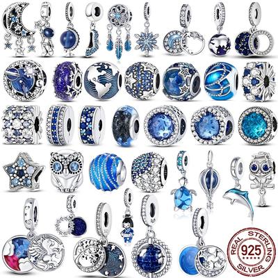 Sidabriniai 925 mėlynos serijos karoliukai, tinkantys naujai apyrankei, apyrankei pasidaryk pats originalus dizainas Star Moon Galaxy Charms papuošalams