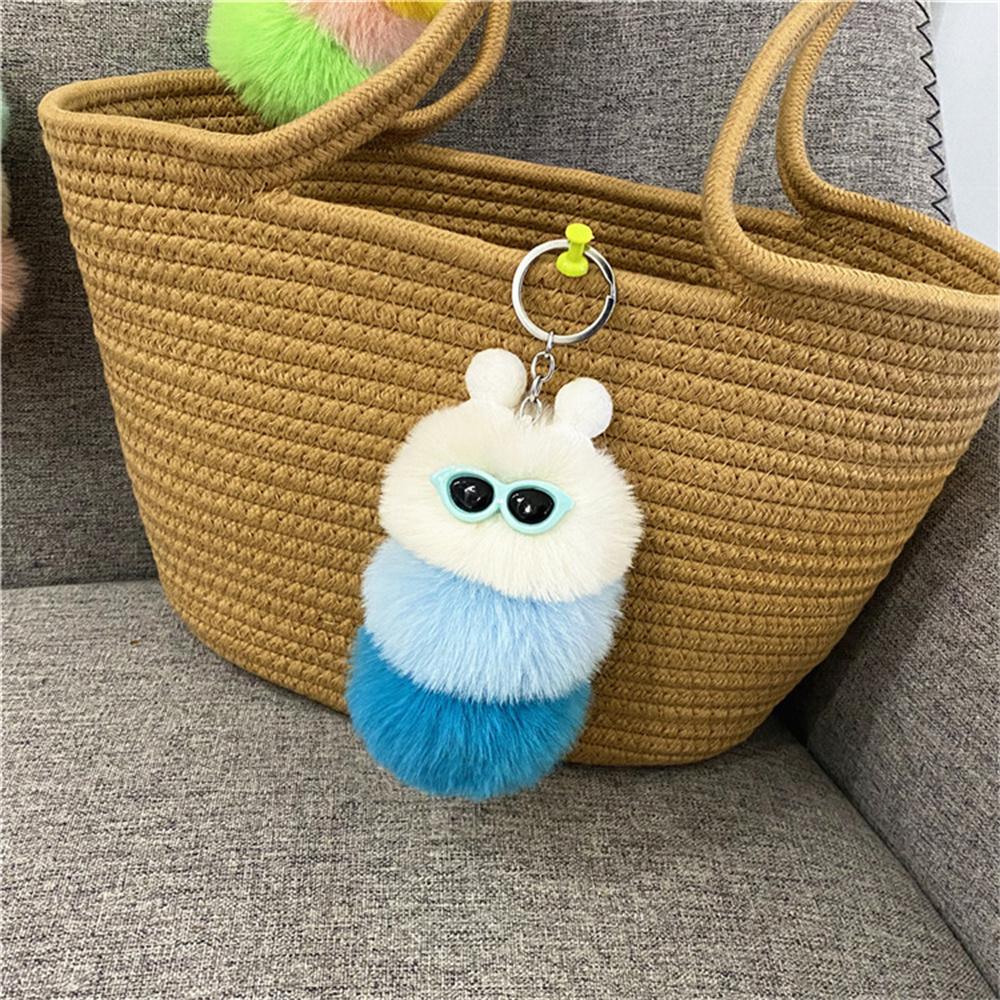 Niedliche bunte Plüschraupen Schlüsselanhänger mit Sonnenbrille Weicher Kaninchenfell Tier Pompon Anhänger Mit Schlüsselringen Für Damen Handtasche