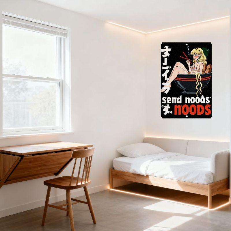Anime Foodie Girl In Bowl Metal Tin Sign, Noodle Themed Wall Art, Playful Cartoon Wall Plaque for Home Bar Cafe Decor, Red Black