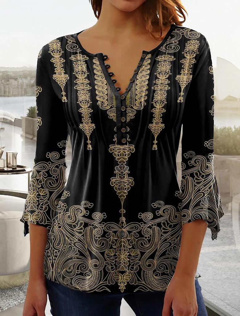 2023 Women's Floral V-Neck Short Sleeve Pleated Button T-Shirt