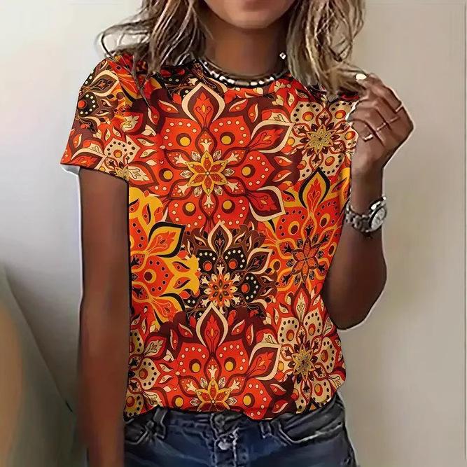 Women's Summer Casual Versatile Design 3D Printed Round Neck Short Sleeved T-shirt