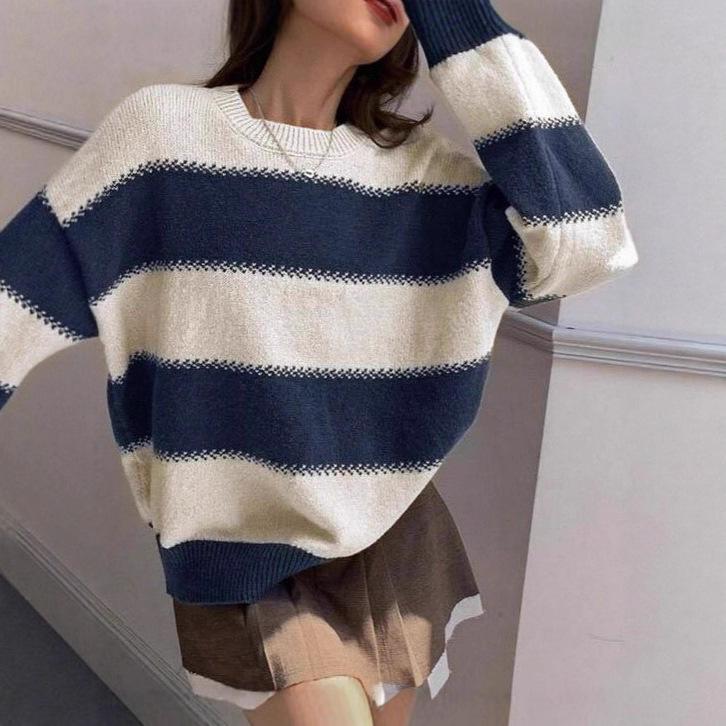 Lazy Wind Striped Contrasting Color Long-sleeved Knitted Sweater Women's Autumn Wear Crew Neck Pullover Temperament Top Sweater