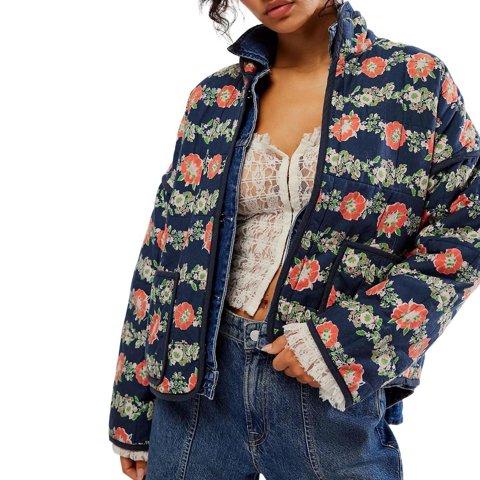 

Женская стеганая куртка с цветочным принтом, куртка на пуговицах с длинными рукавами, легкая винтажная куртка с вышивкой, верхняя одежда L тёмно-синий